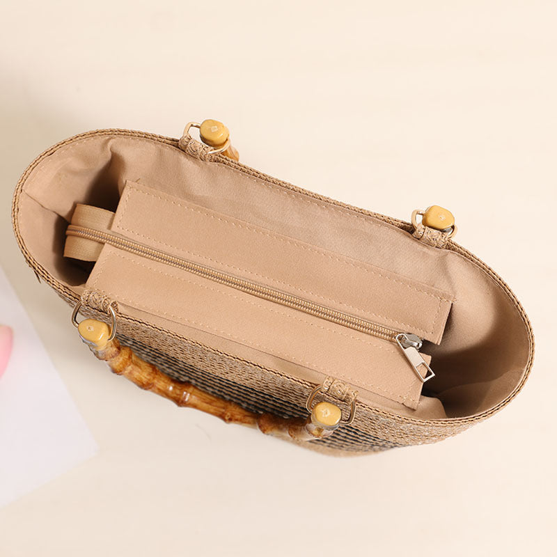 Women Bamboo Handheld Straw New Elegant Striped Woven Beach Bag