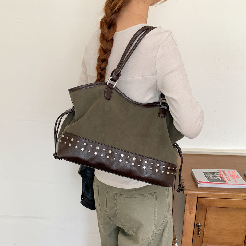 Vintage Suede Studded Shoulder Tote Bag