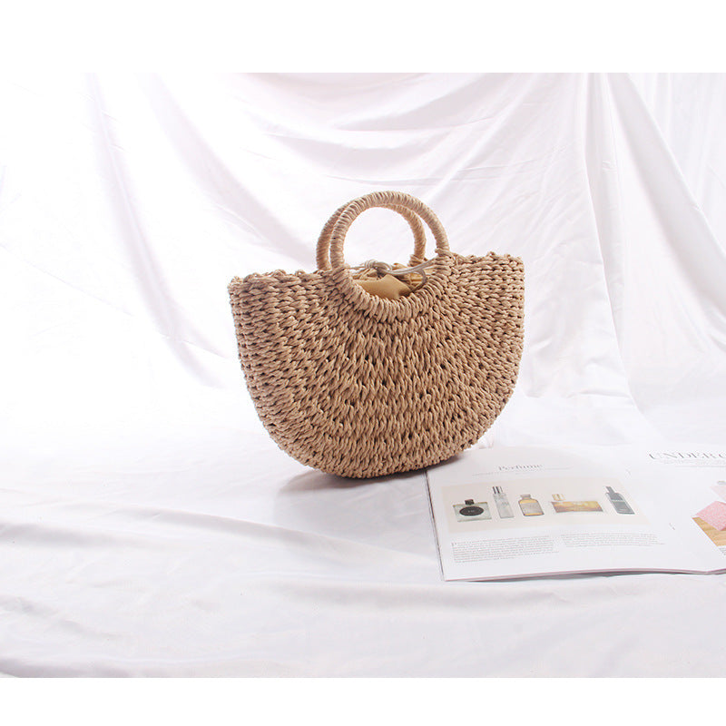 Women Spring Summer New Half Round Straw Paper Rope Handheld Vintage Beach Bag