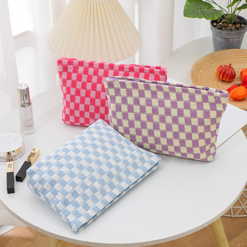 Wool Checkerboard Large Capacity Cosmetic Clutch Bag