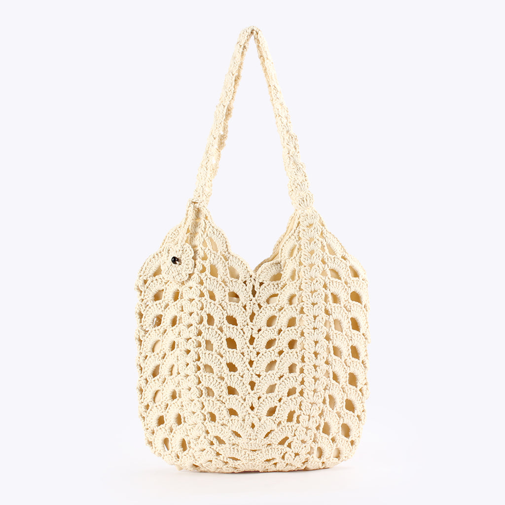 Beige Boho Hand Crocheted Cotton Rope Shoulder Tote Bag