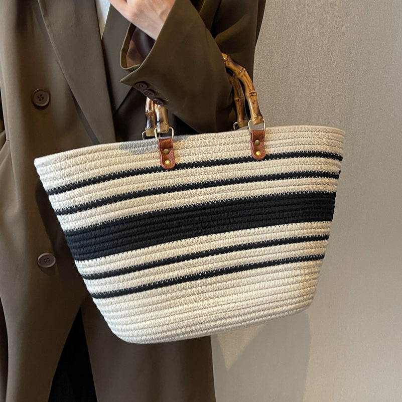 Woven Spliced Single Shoulder Large Capacity Beach Tote Bag