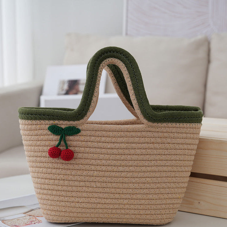 Cotton Rope Woven Cherry Picnic Handbag