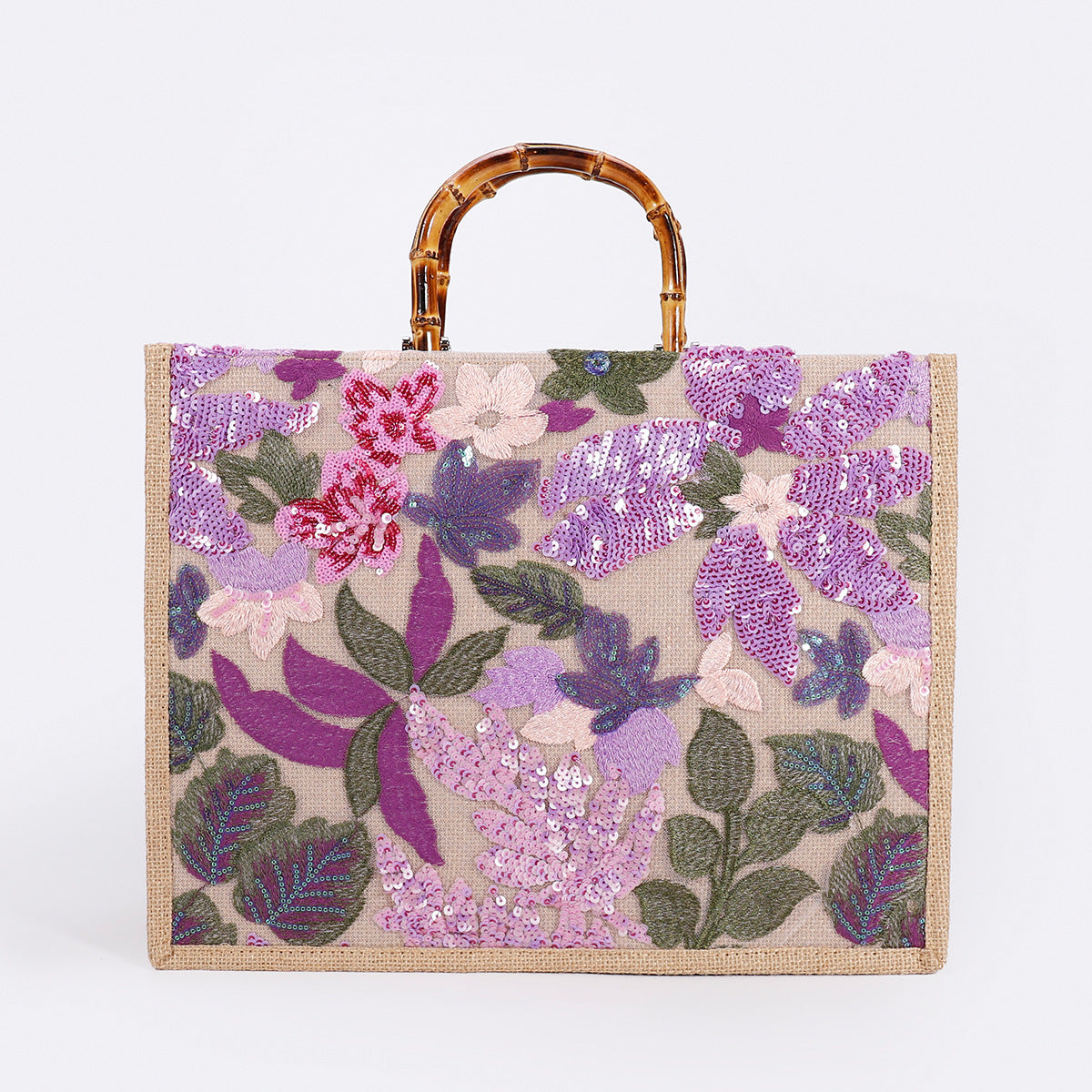 Women Bamboo Woven Straw Tote Bag, Sequin Large Capacity Handbag