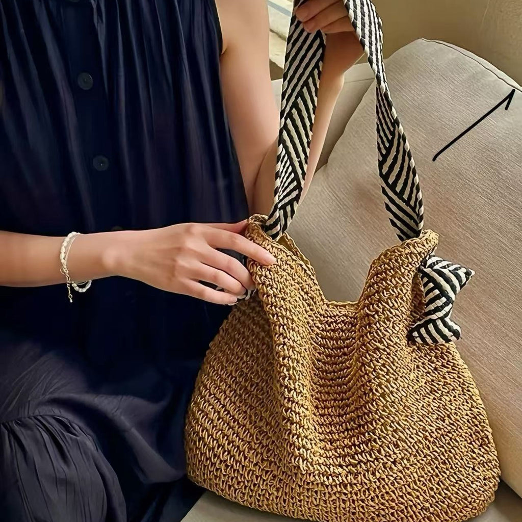 Navy Straw Woven One-Shoulder Commuter Tote Bag