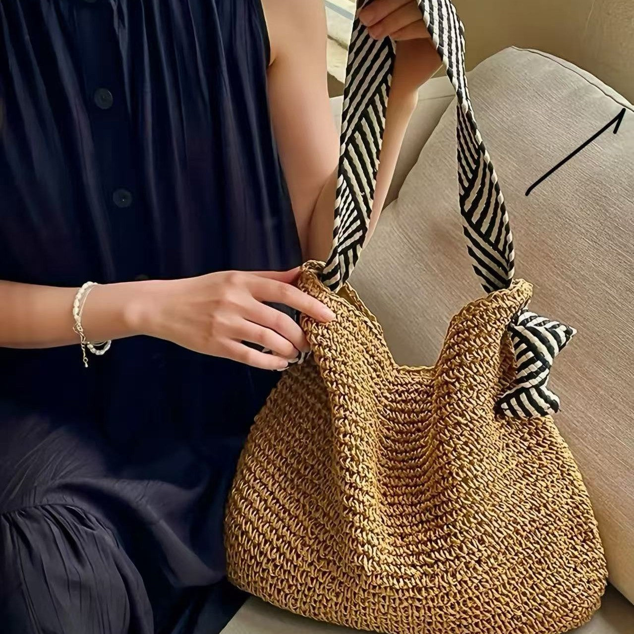 Navy Straw Woven One-Shoulder Commuter Tote Bag