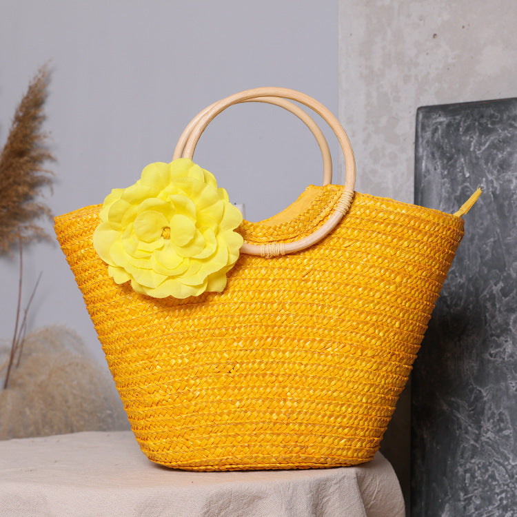 Women 2026 New Wheat Straw Woven Wooden Handle Pastoral Ins Style Handbag
