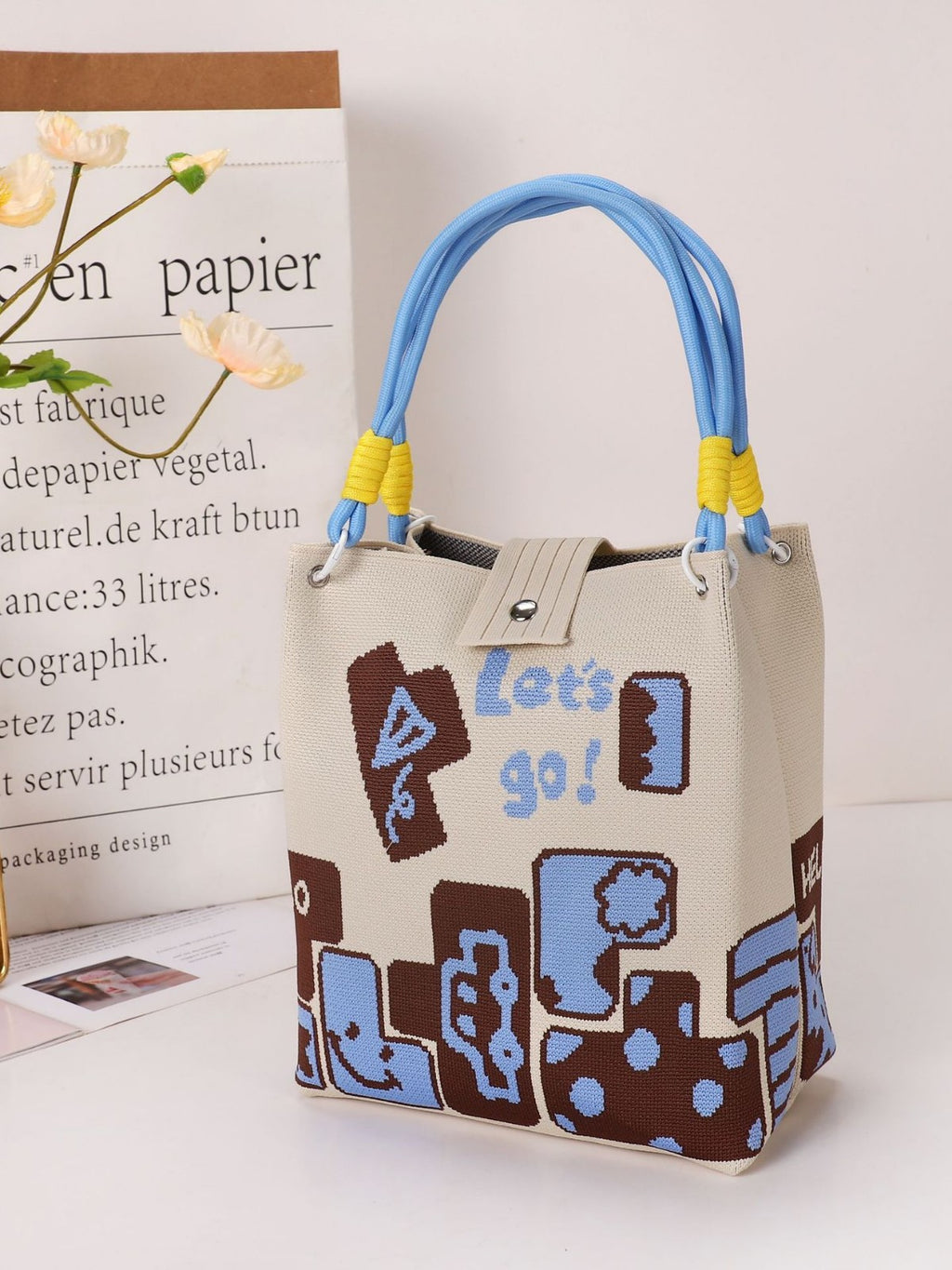 Knitted Mini Tote Bag with Button Closure