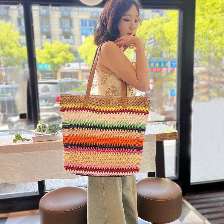Striped Contrasting Color Handmade Straw Tote Bag