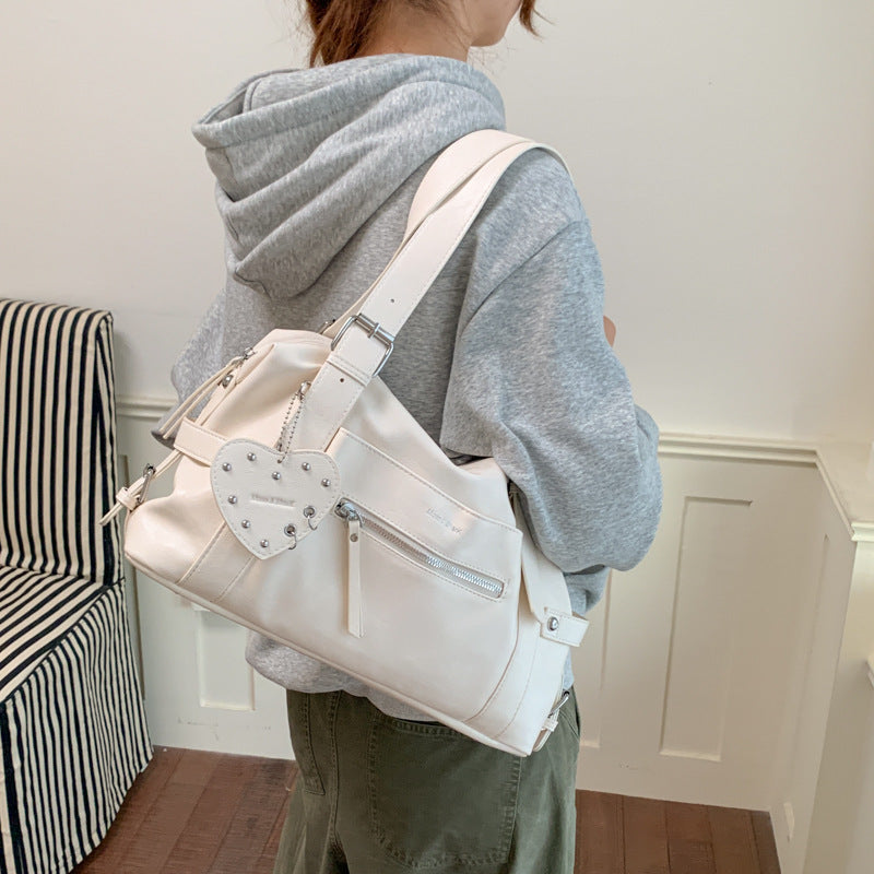 Vintage Shoulder Bag with Studded Heart Charm and Zipper