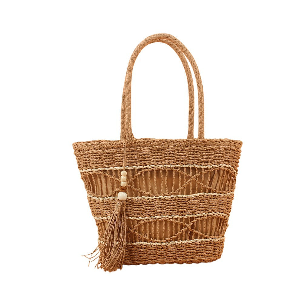 Women Hollow Paper Rope Straw Woven Tassel Travel Vacation Beach Crossbody Shoulder Bag