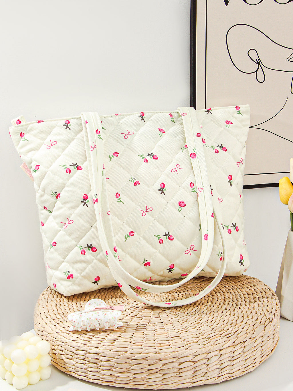 Quilted Cotton Flower Lipstick Tote Bag