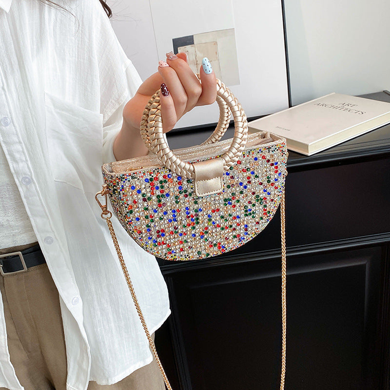 Rhinestone Embellished Half Moon Handbag with Braided Round Handles