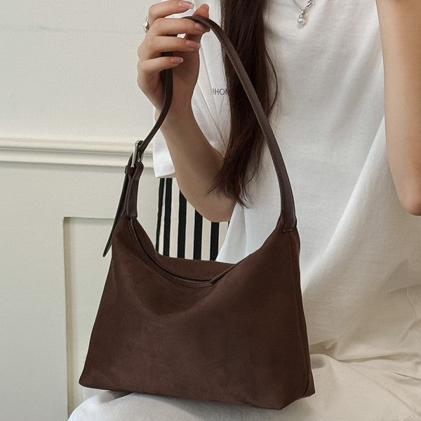 Minimalist Suede Hobo Bag with Adjustable Strap and Zipper