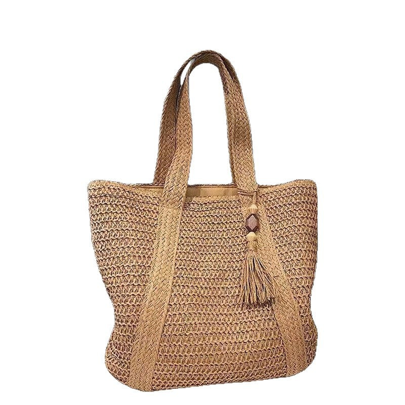 Solid Color Large-Capacity Braided Straw Beach Shoulder Bag