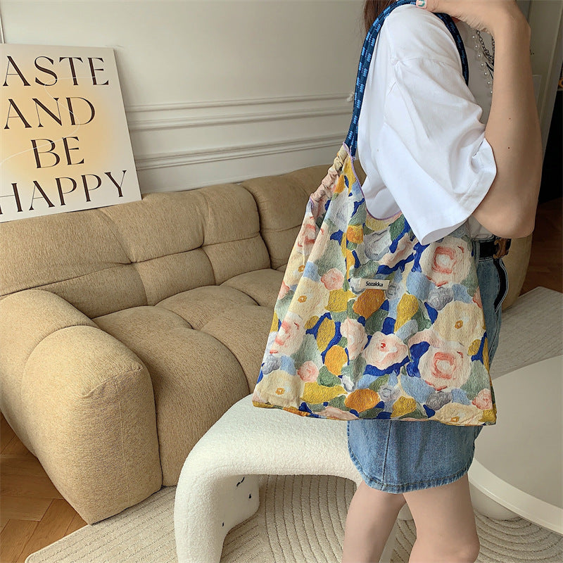 Korean Large Capacity Drawstring Floral Tote Bag