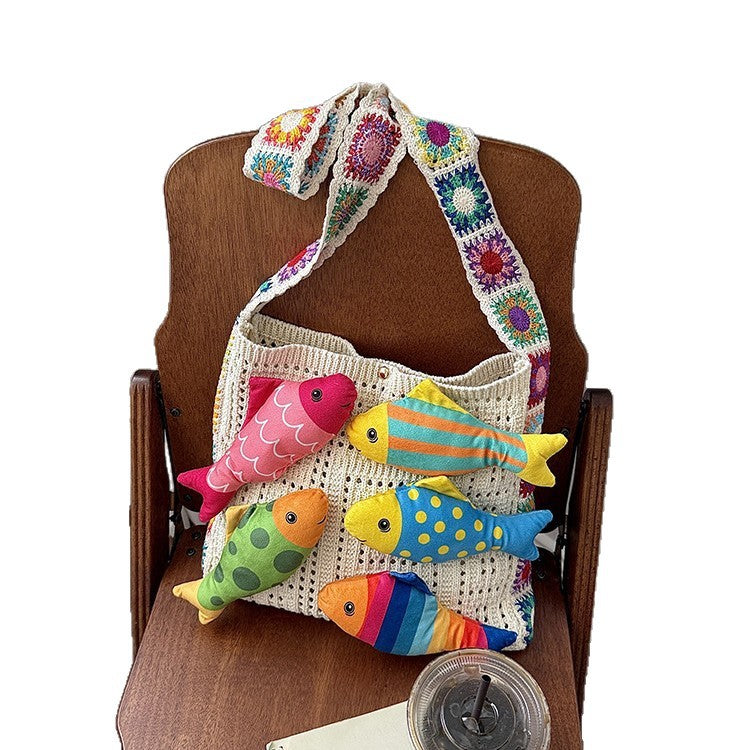 3D Fish Appliqué Granny Square Strap Mesh Knit Shoulder Bag