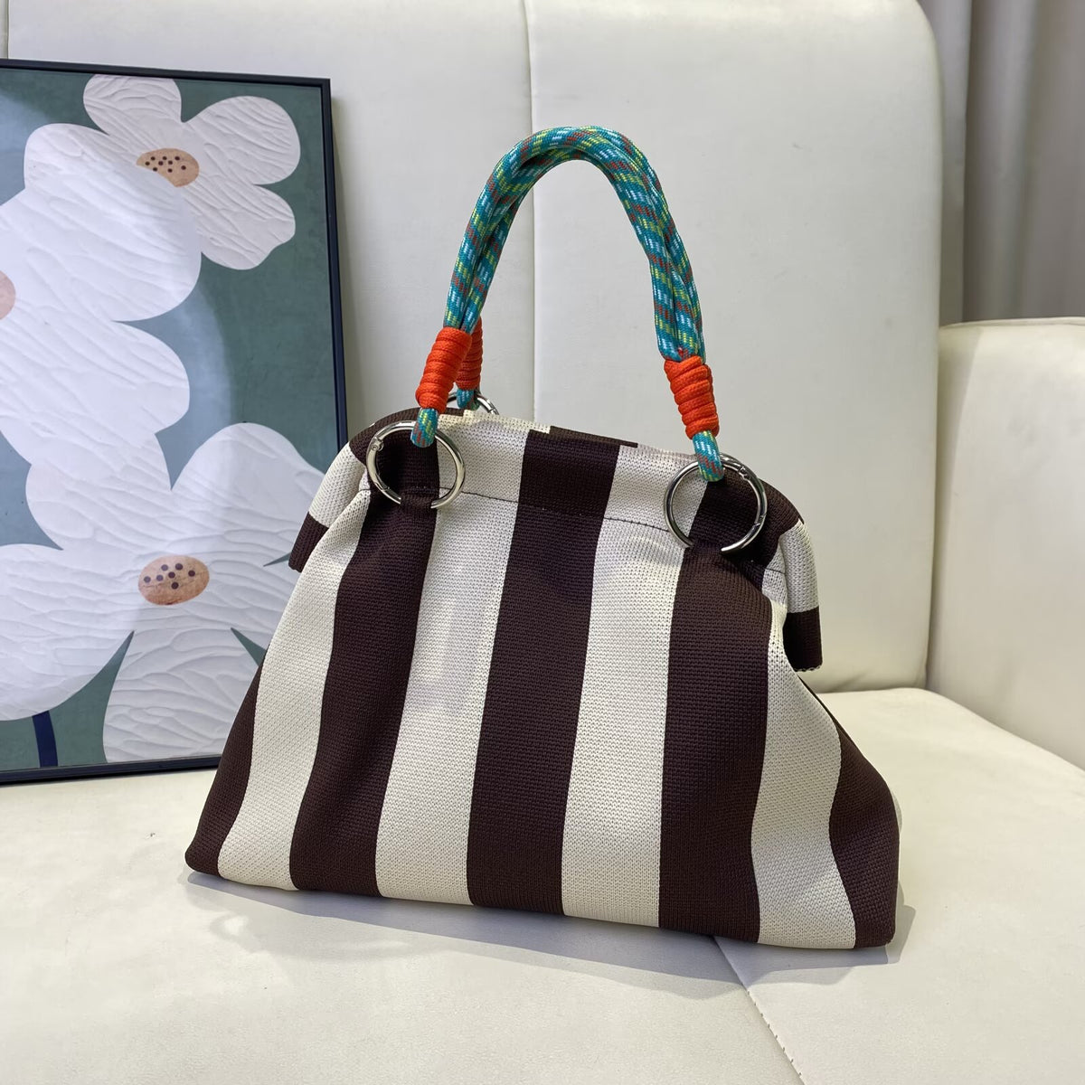 Geometric Woven Rope Handle Dumpling Top Handle Bag