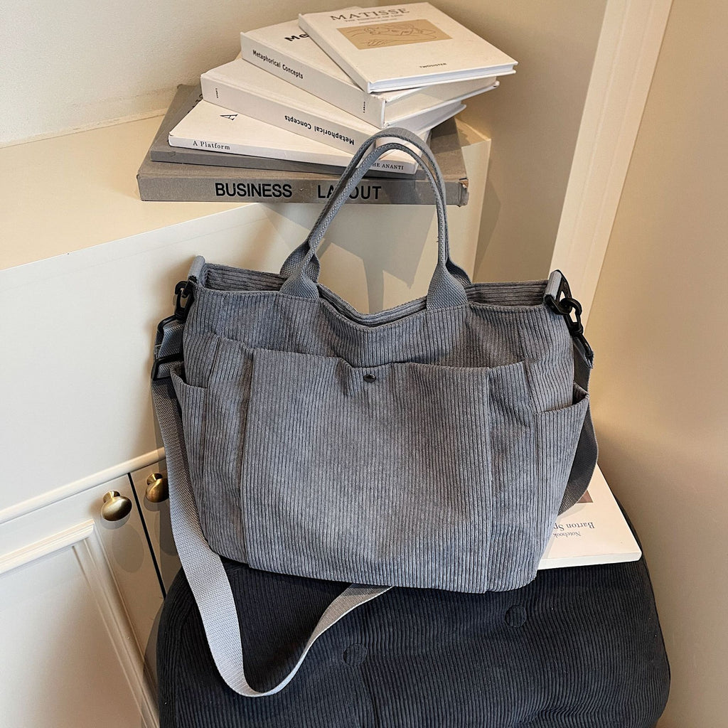 Corduroy Multi-Pocket Convertible Shoulder Tote Bag