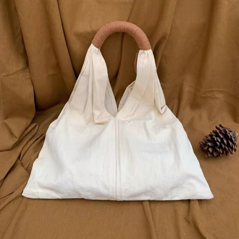Women French Retro Cotton Linen Solid Color Casual Shoulder Bag