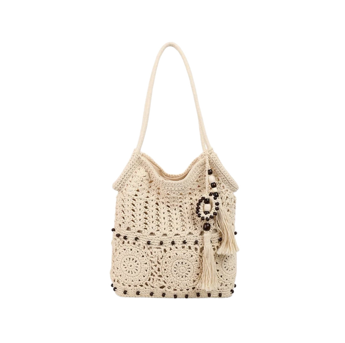White Woven Hollow Tassel Detail Large Capacity Shoulder Tote Bag