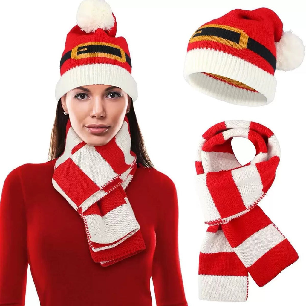 Christmas Santa Hat and Scarf Set Holiday Knit Accessories