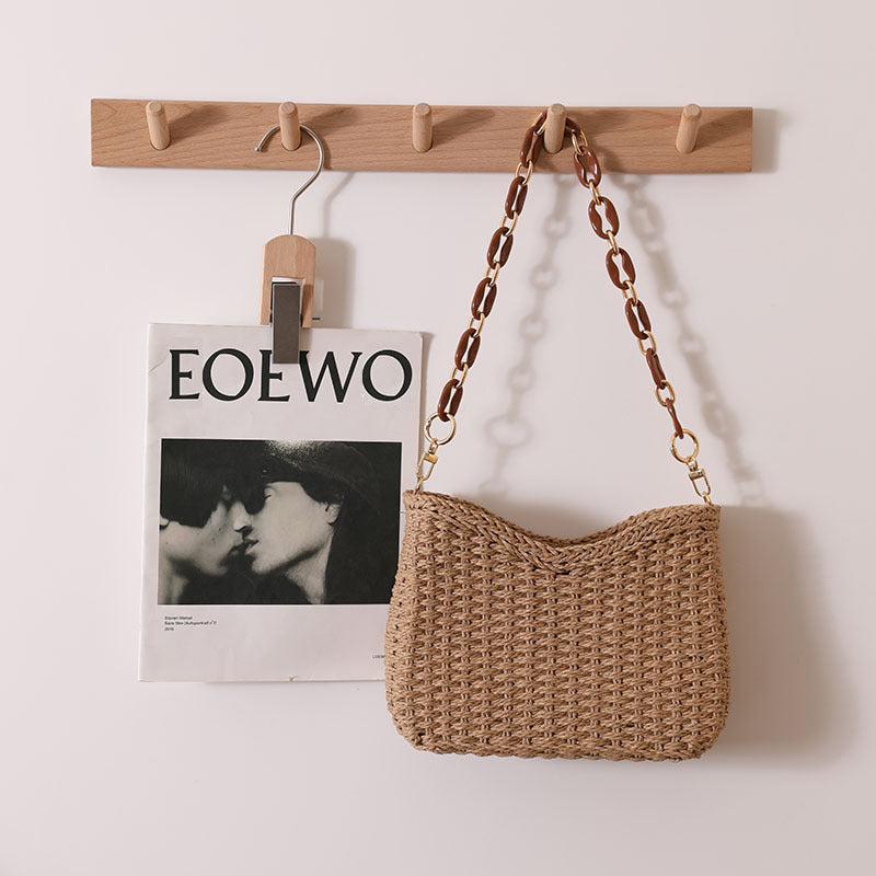 Women Purple Straw Woven Shoulder Solid Beach Tote Bag