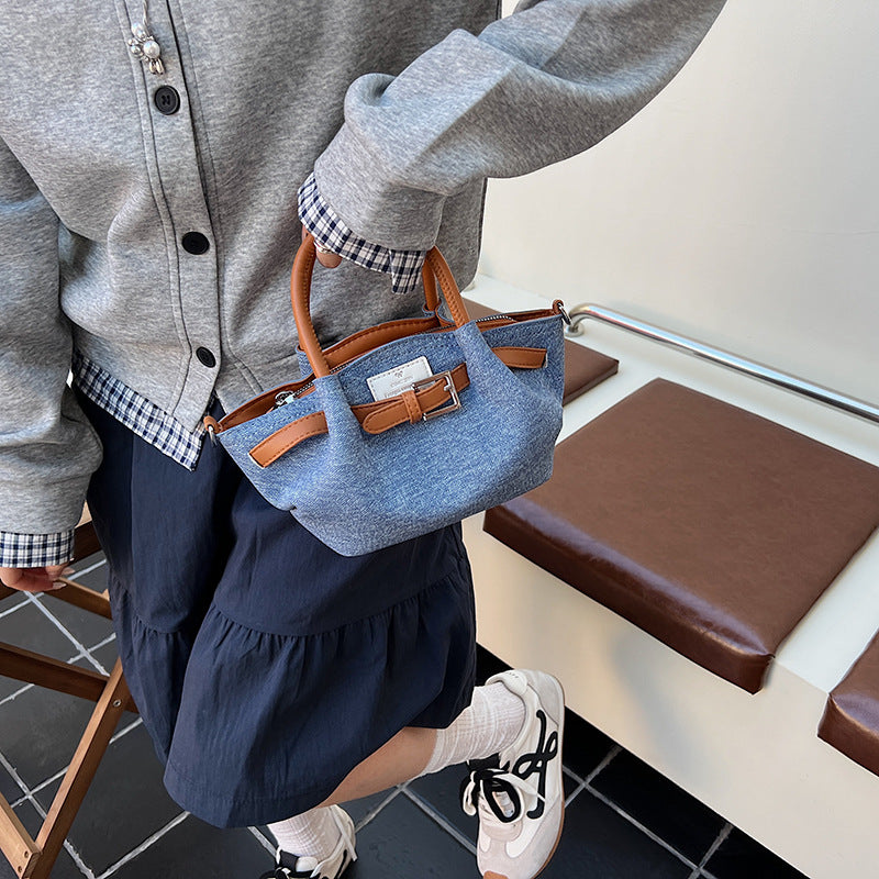 Women Casual Color Block Denim gathered Shoulder Bag