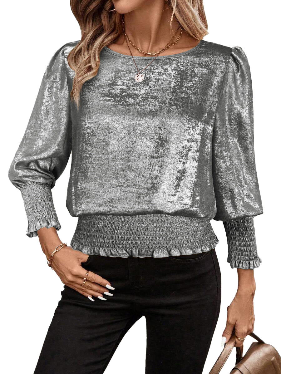 Round Neck Hot Stamping Hem Elastic Mid-Sleeve Top