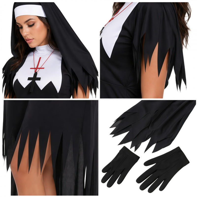 Gothic Horror Nun Costume Halloween Cosplay Outfit