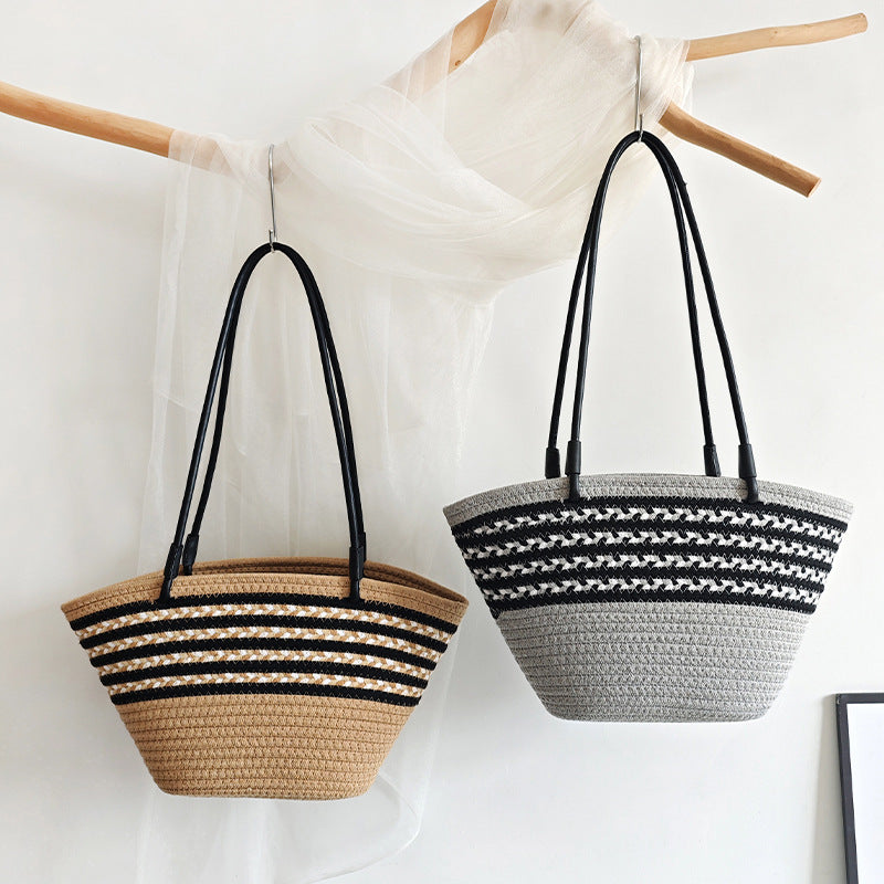 Braided Cotton Rope Color Block Striped Beach Tote