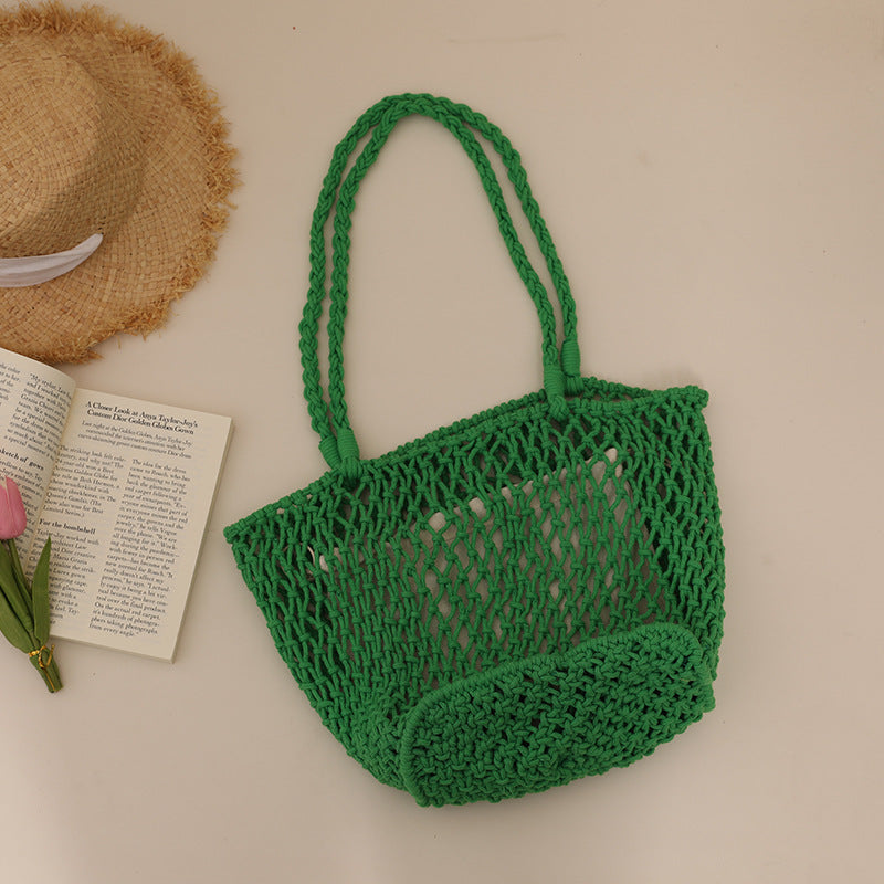 Women Simple Cotton Woven Large Mesh Shoulder Handmade Beach Bag