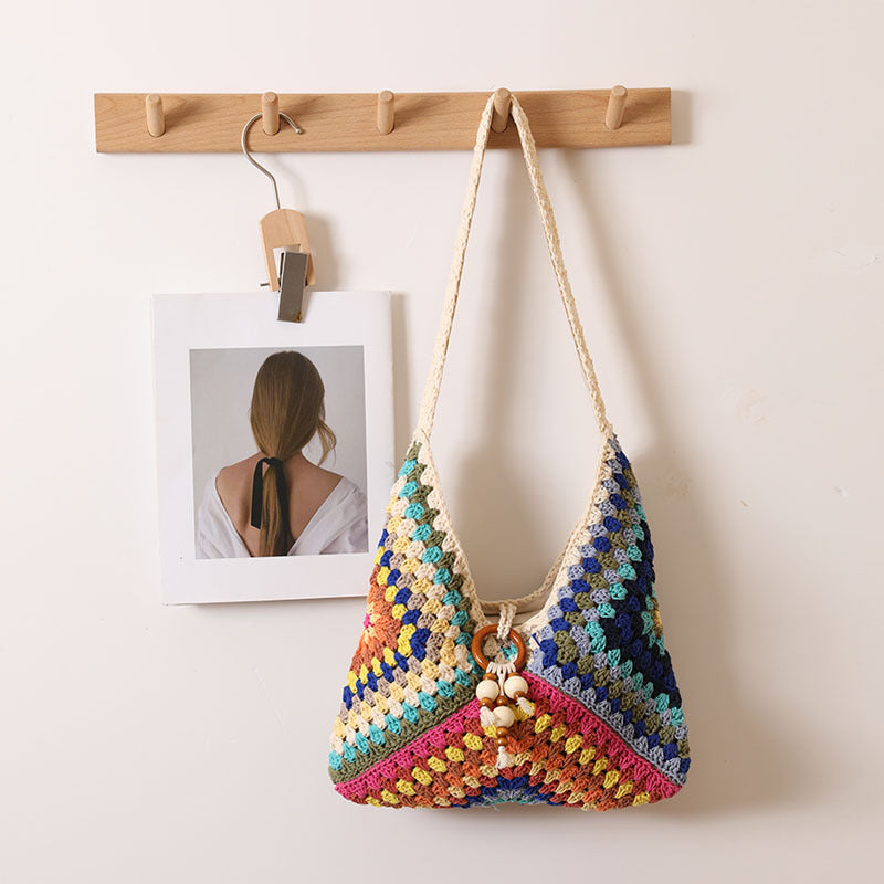 Ethnic One-Shoulder Cotton Woven Plaid Straw Beach Bag
