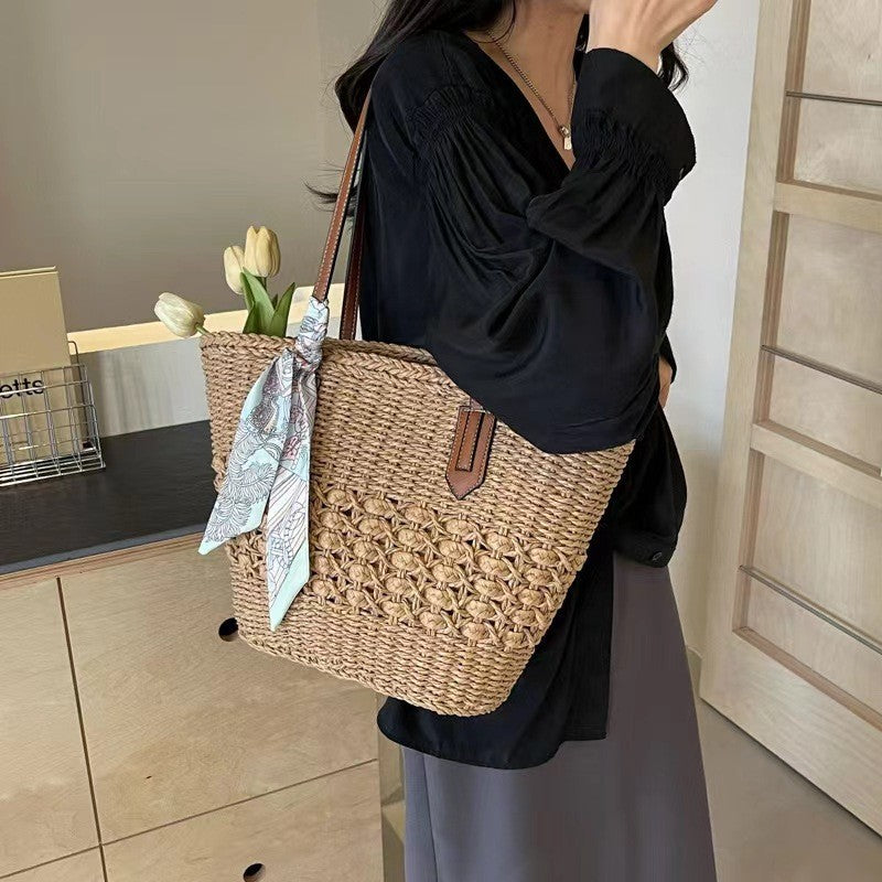 Large Capacity Woven Straw Beach Shoulder Tote Bag