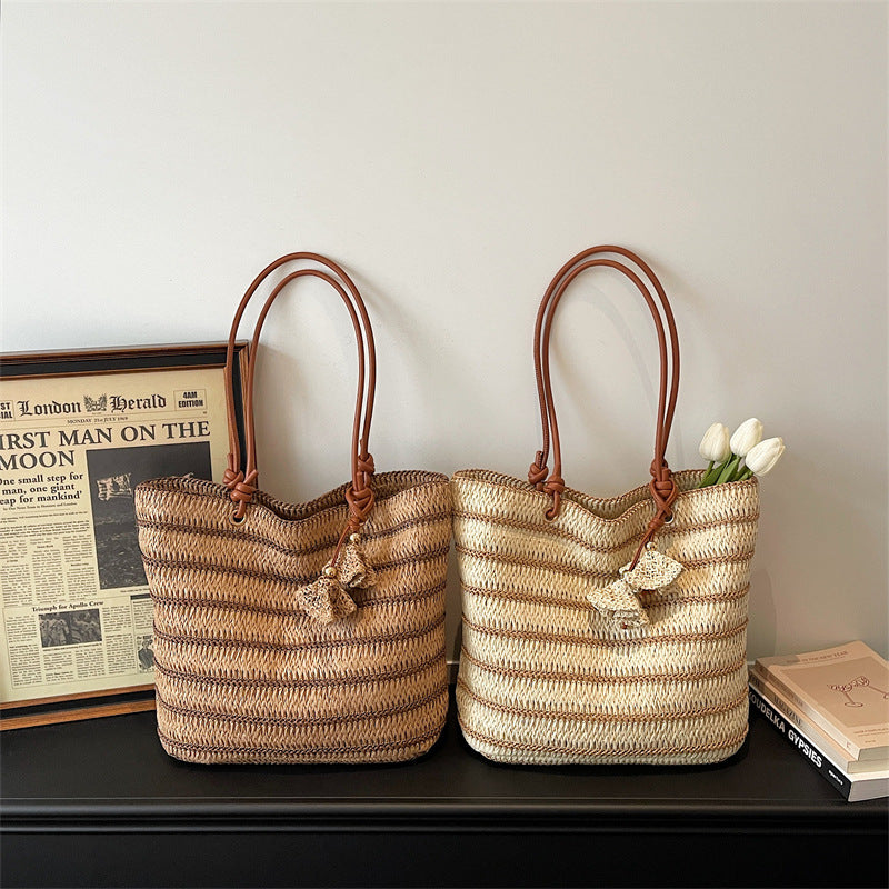 Women 2026 Spring New Casual Large Shoulder Paper Rope Striped Woven Bag