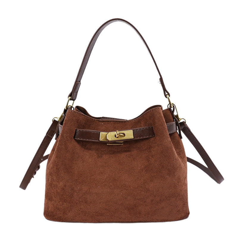 Vintage Textured Faux Suede Handbag with Metal Lock