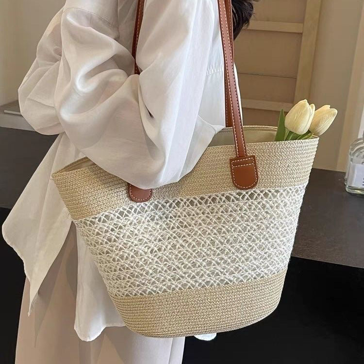 Women Straw Beach Black Stripe 2026 New Casual Summer Shoulder Tote Bag