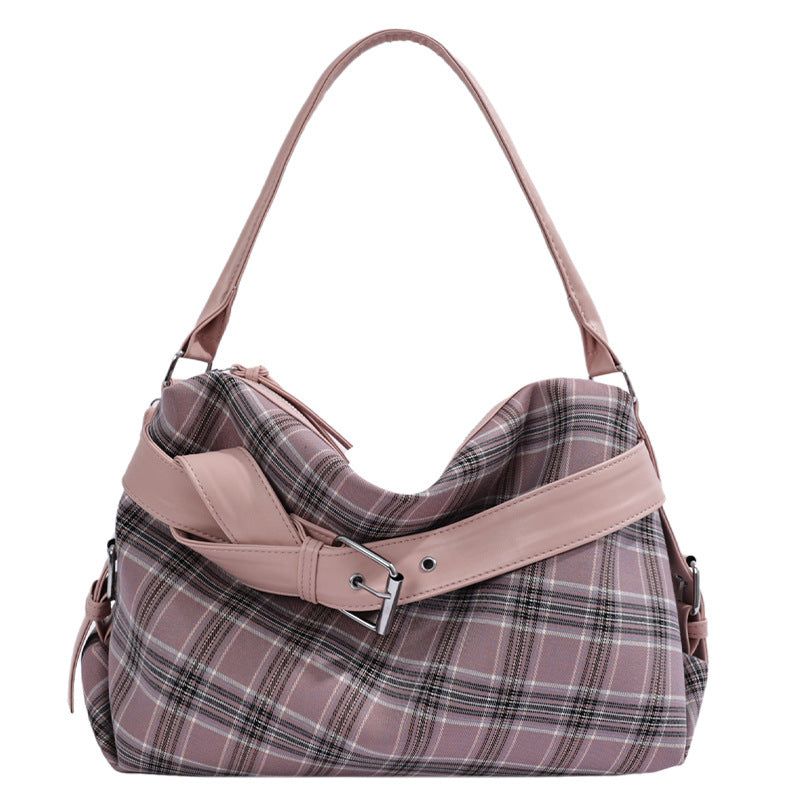 Vintage Plaid Handbag with Buckle Detail and Convertible Crossbody Strap