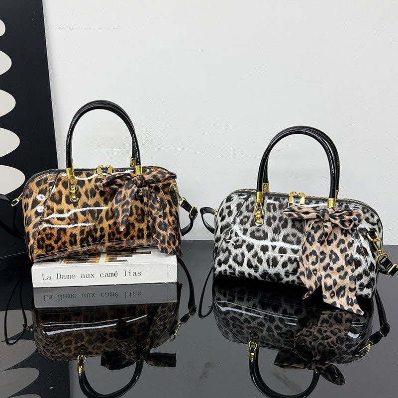 Glossy Leopard Print Bow Handbag
