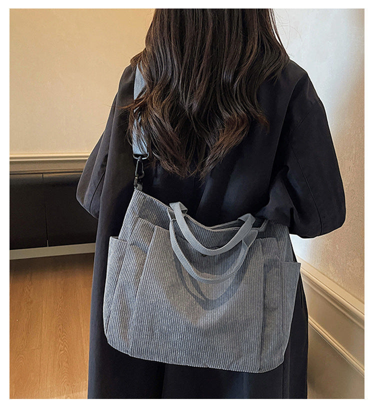 Corduroy Multi-Pocket Convertible Shoulder Tote Bag