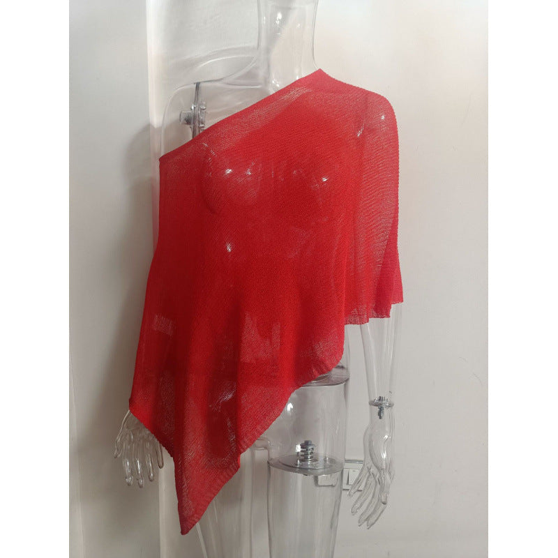 2025 Design Irregular Cape Shawl Sun Protection Shirt Women'S Season Loose Lazy Thin Ice Silk Knitted Sweater Top