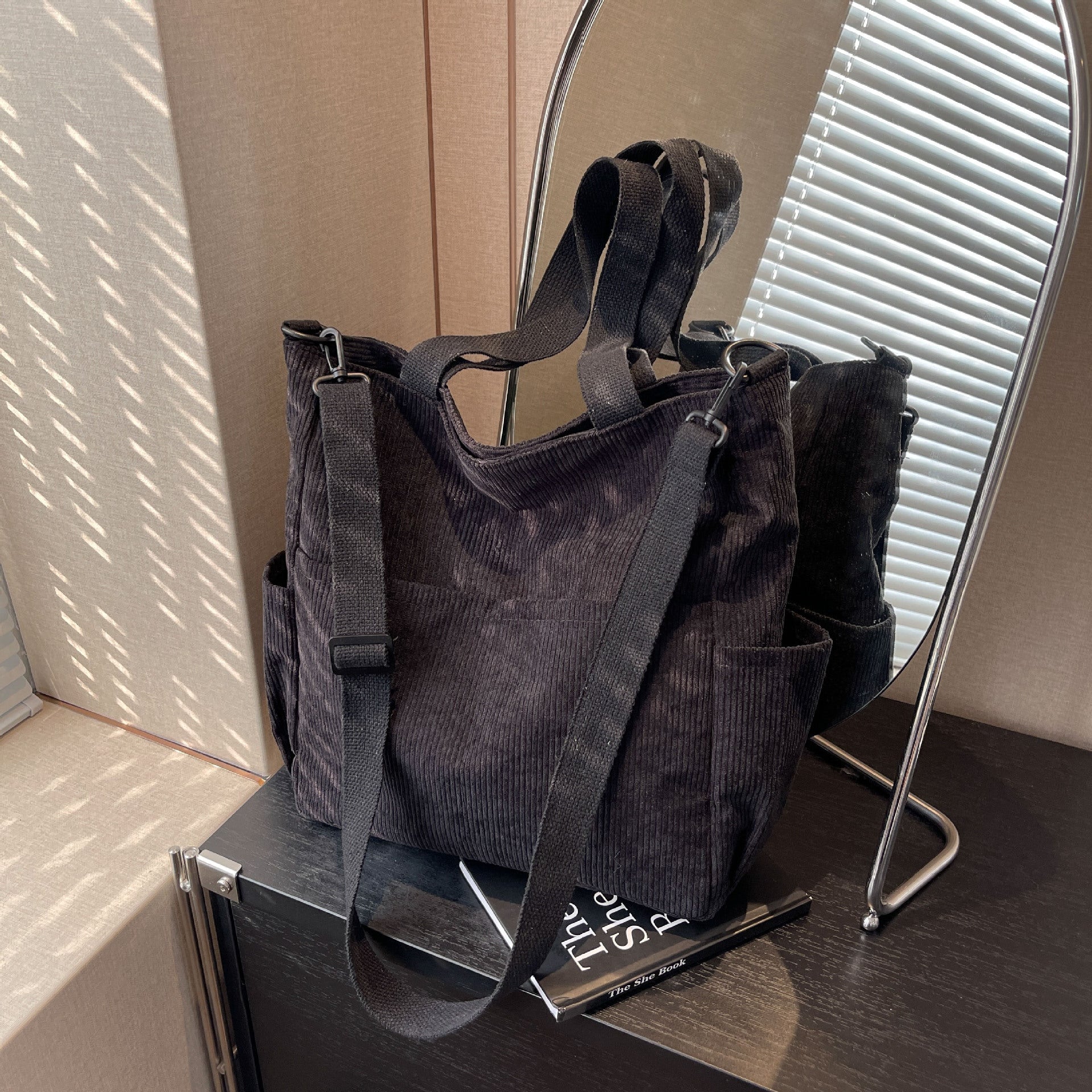 Large Corduroy Multi Pocket Convertible Shoulder Tote Bag