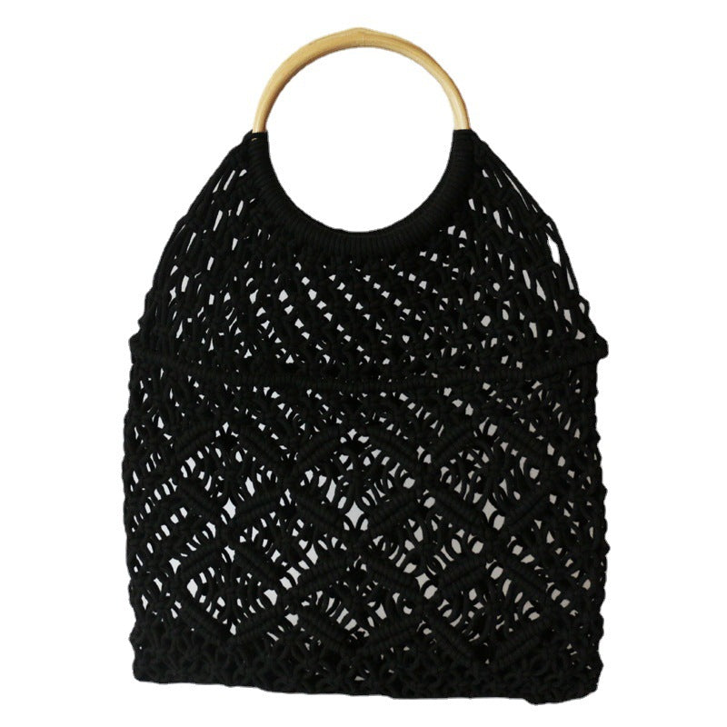 Round Rattan Handle Hollow Cotton Net Beach Bag