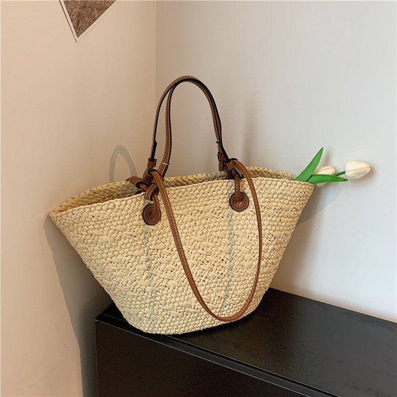Women Straw Large Minimalist Handmade Woven Handheld Shoulder Beach Bag
