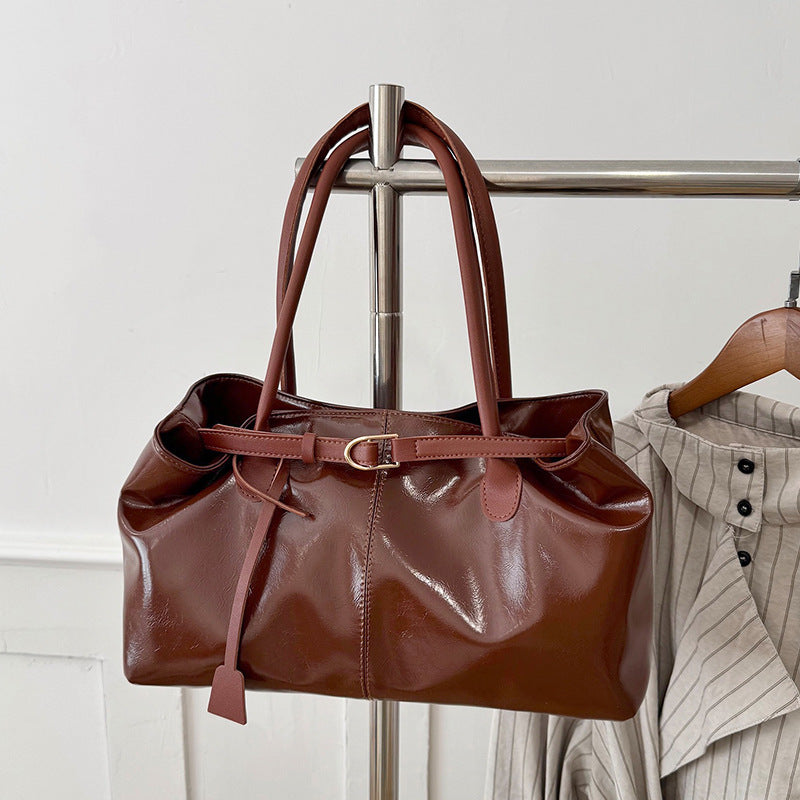 Glossy PU Leather Slouchy Bucket Carry Tote Bag