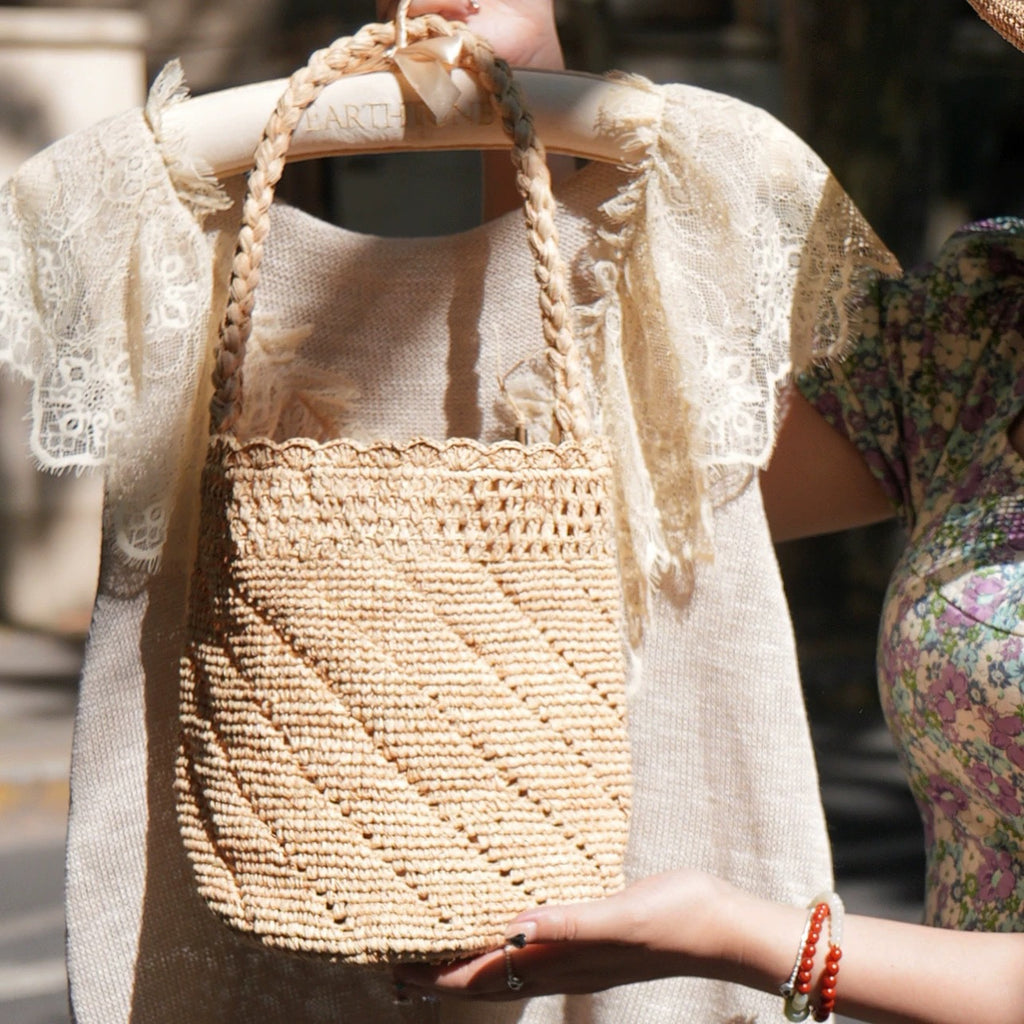 Handwoven Raffia Bucket Natural Straw Shoulder Beach Tote Bag