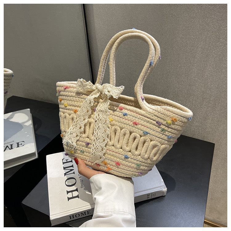 Women Bow Straw Woven Bucket Shoulder Tote Bag
