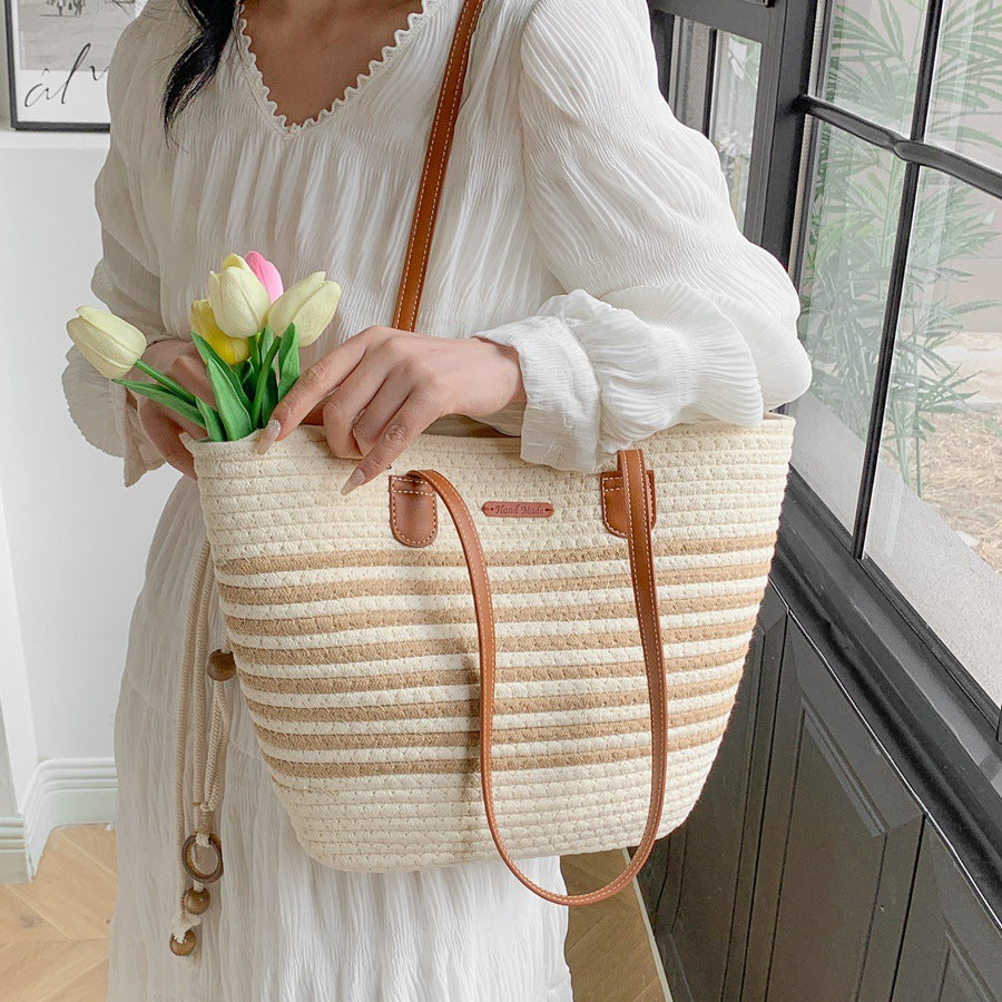 Women Fashion Straw Large Hollow Tote Beach Cotton Handheld Bag