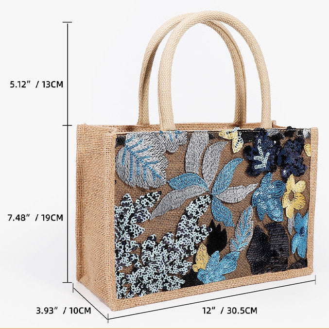 Women Sequin Embroidered Woven Tote Bag, Fashion Large Capacity Handbag