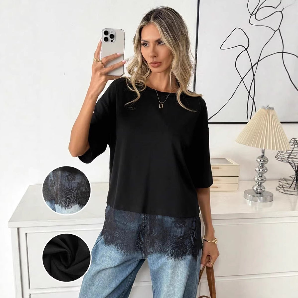 Women Round Neck Lace Splicing Loose T-Shirt